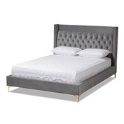 Baxton Studio Valery Modern and Contemporary Dark Gray Velvet Fabric Upholstered Queen Size Platform Bed with Gold-Finished Legs